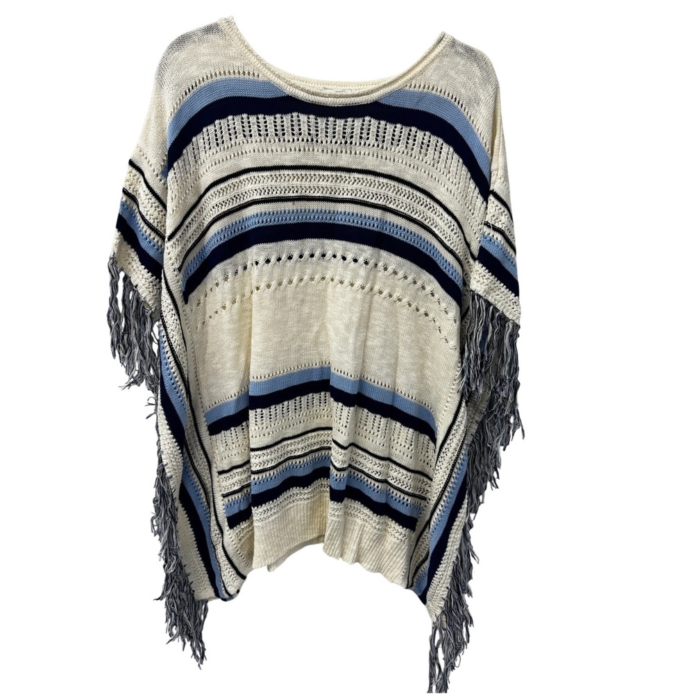 Avenue Cream Blue Striped Fringe Poncho Sweater Coastal Boho Open Knit 14/16